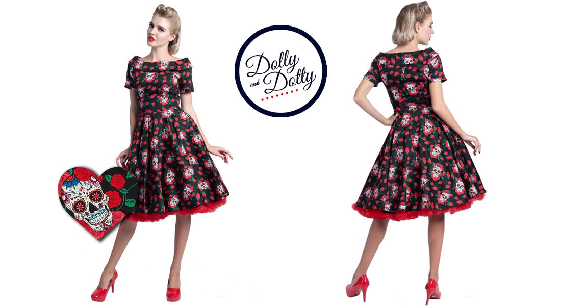 Dolly and Dotty - Rockabilly Skulls Roses Darlene Swing Dress