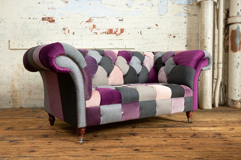 Unique Handmade 2 Seater Velvet Patchwork Chesterfield Sofa Purple - Oswald & Pablo