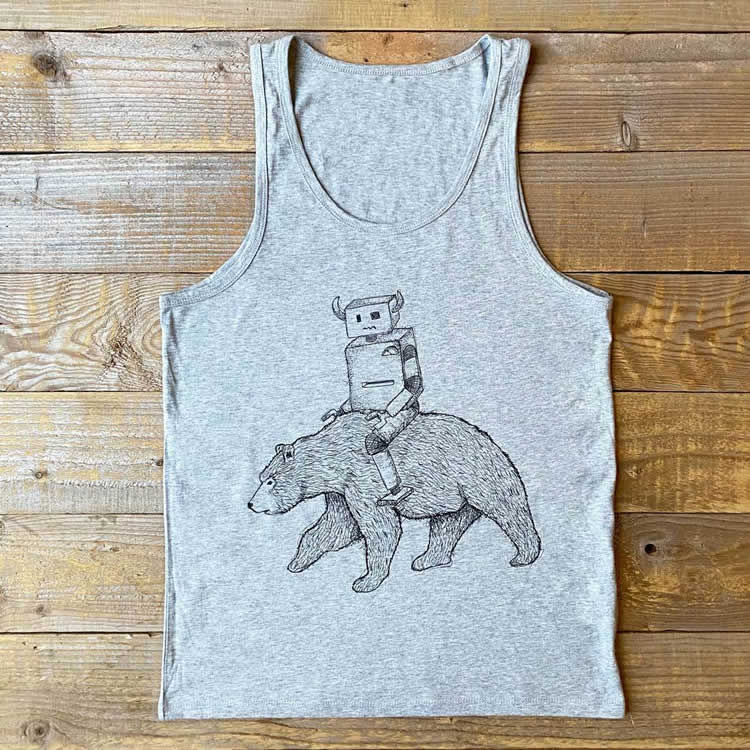 Robot and Bear Mens Vest Tee - Dont Feed the Bears