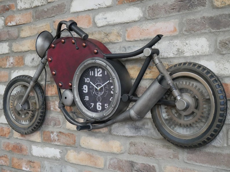 Rustic Wall Clock Vintage Industrial Style Motorbike Furniture - uniquehomefurnituree