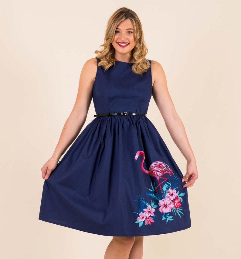 Flamingo Navy Blue Vintage Style Dress - Harkel Clothing