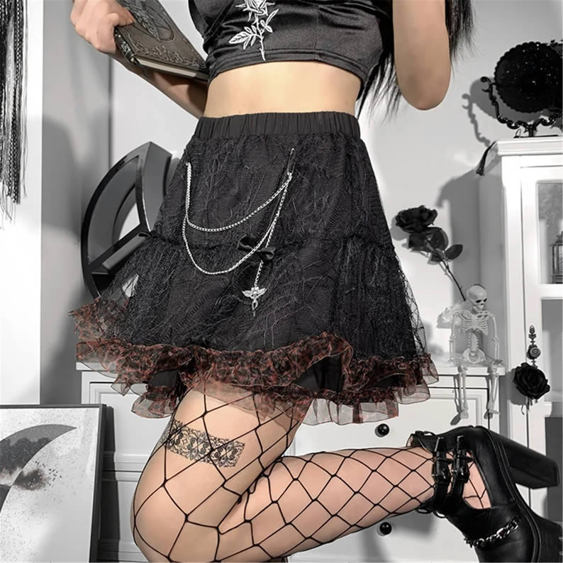 Dark Lace Ripped SkirtTutu with Chain
