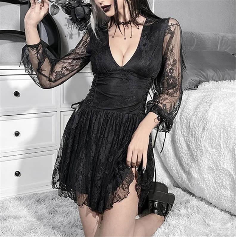 V neck Sexy Long-Sleeved Lace Mesh Lace-up Dress