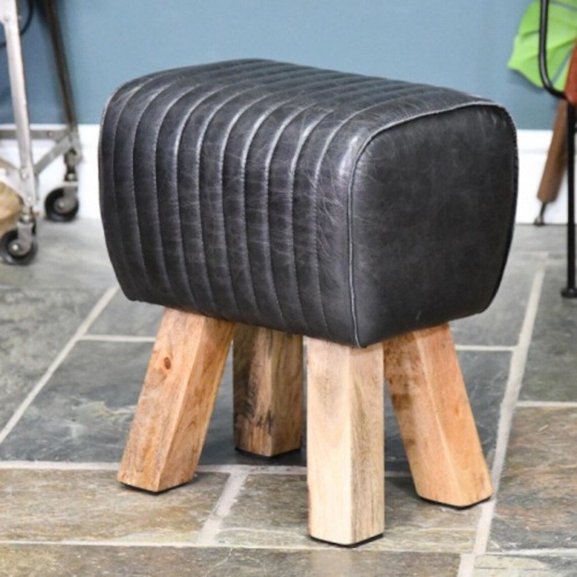 Black Industrial Style Stool Mango Wood & Black Leather Stool - Black Country Foundry