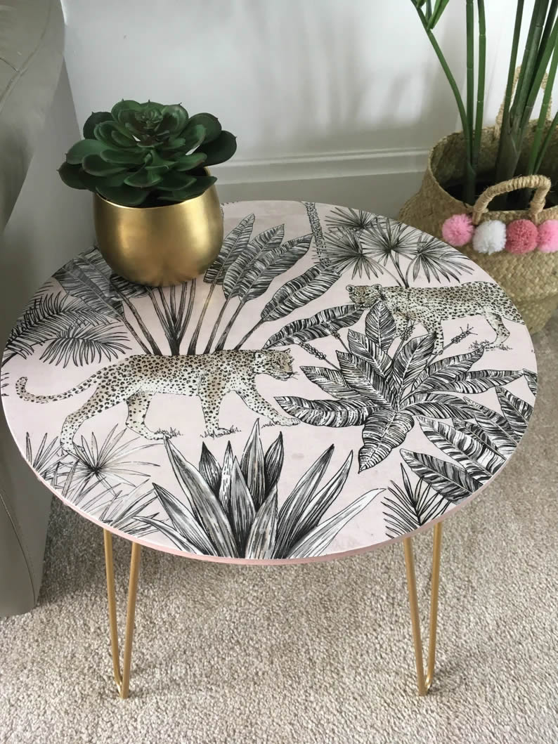 Bohemian Style Blush Coffee Table Side Table Bedside Table Leopard and Pampas Grass Print Design - Pretty Home Pigeon