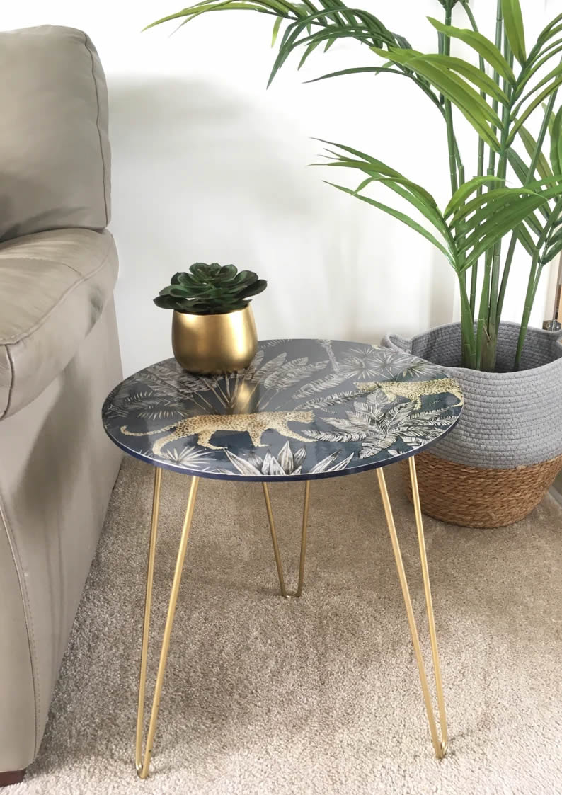 Bohemian side table coffee table blue and gold safari leopard print design gold metal hairpin legs - Pretty Home Pigeon