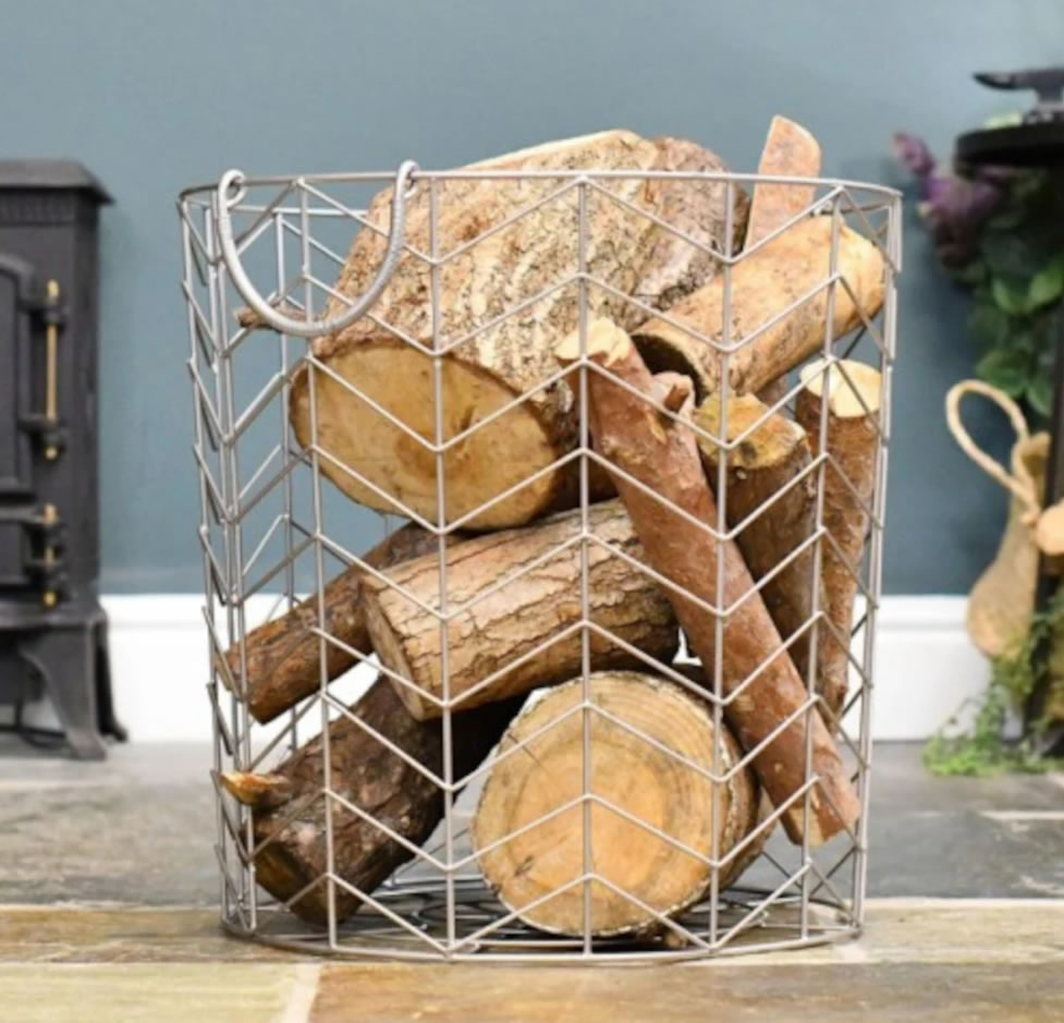 Large Wire Work Log Basket In Pewter Finish Fireside Fire bowl - Black Country Foundry