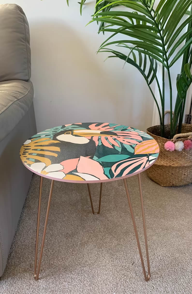 Tropical Toucan Blush Side Table Coffee Side Table Bedside Table - Pretty Home Pigeon