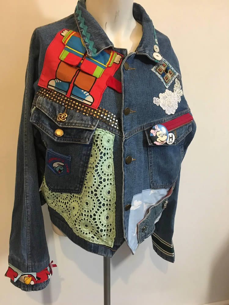 Smurf Minnie Mouse Dr Seuss Denim Jacket lovingly customised with vintage fabrics patches pin badges - Redmutha on Etsy